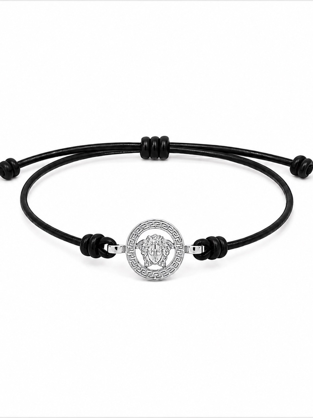 Versace Medusa Black Leather Cord Bracelet Silver Greek Key NIB